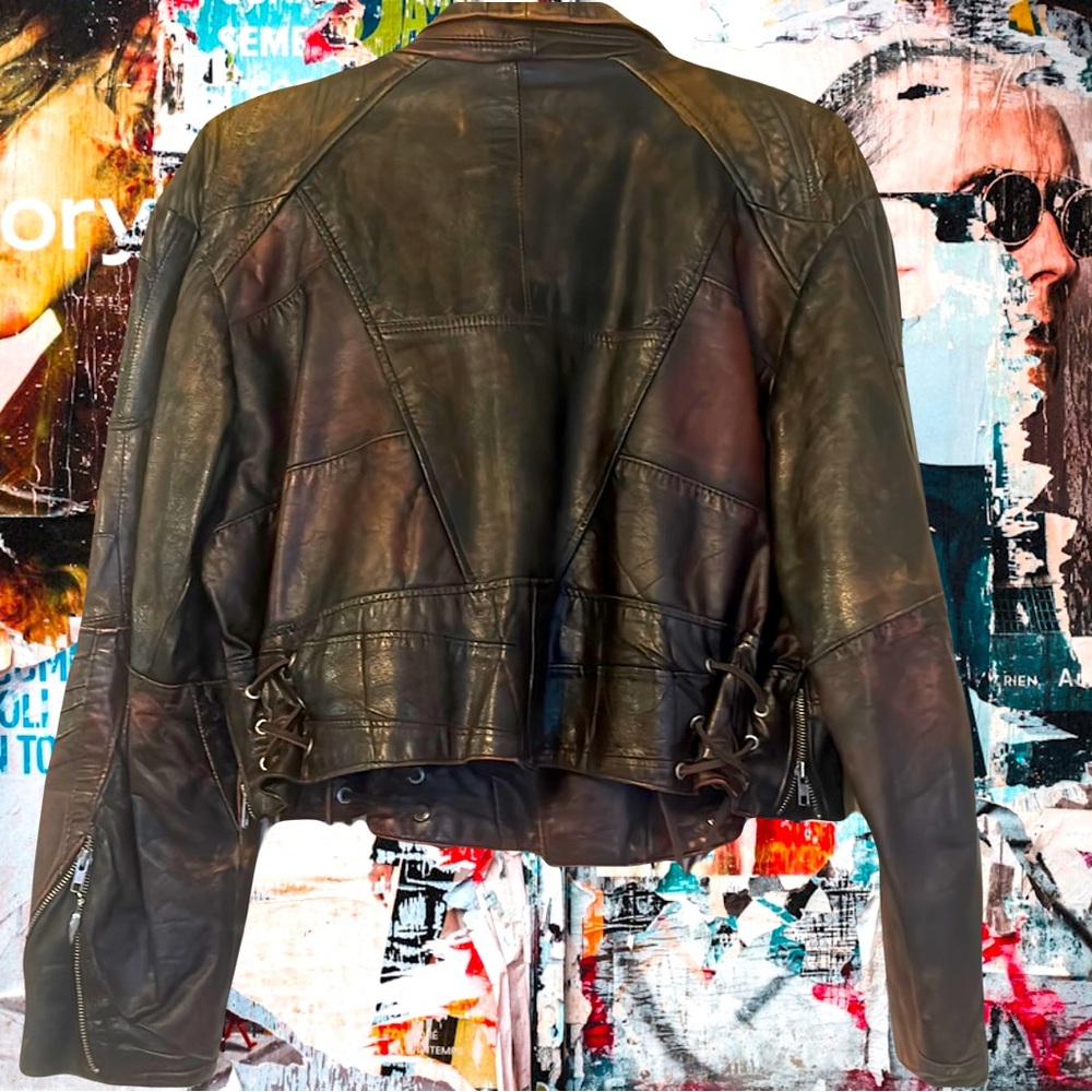 Vintage two tone leather lace up Moto motorcycle biker jacket - Picture 3 of 17
